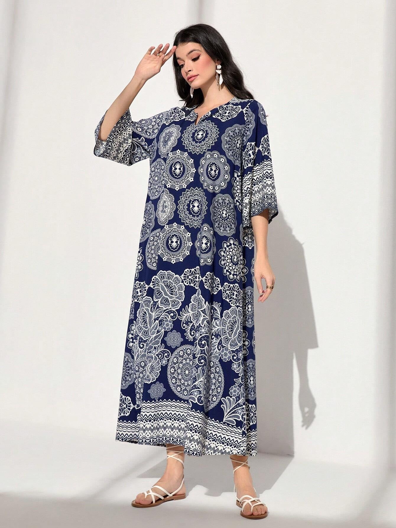 Najma Floral Print Notched Neckline Kaftan