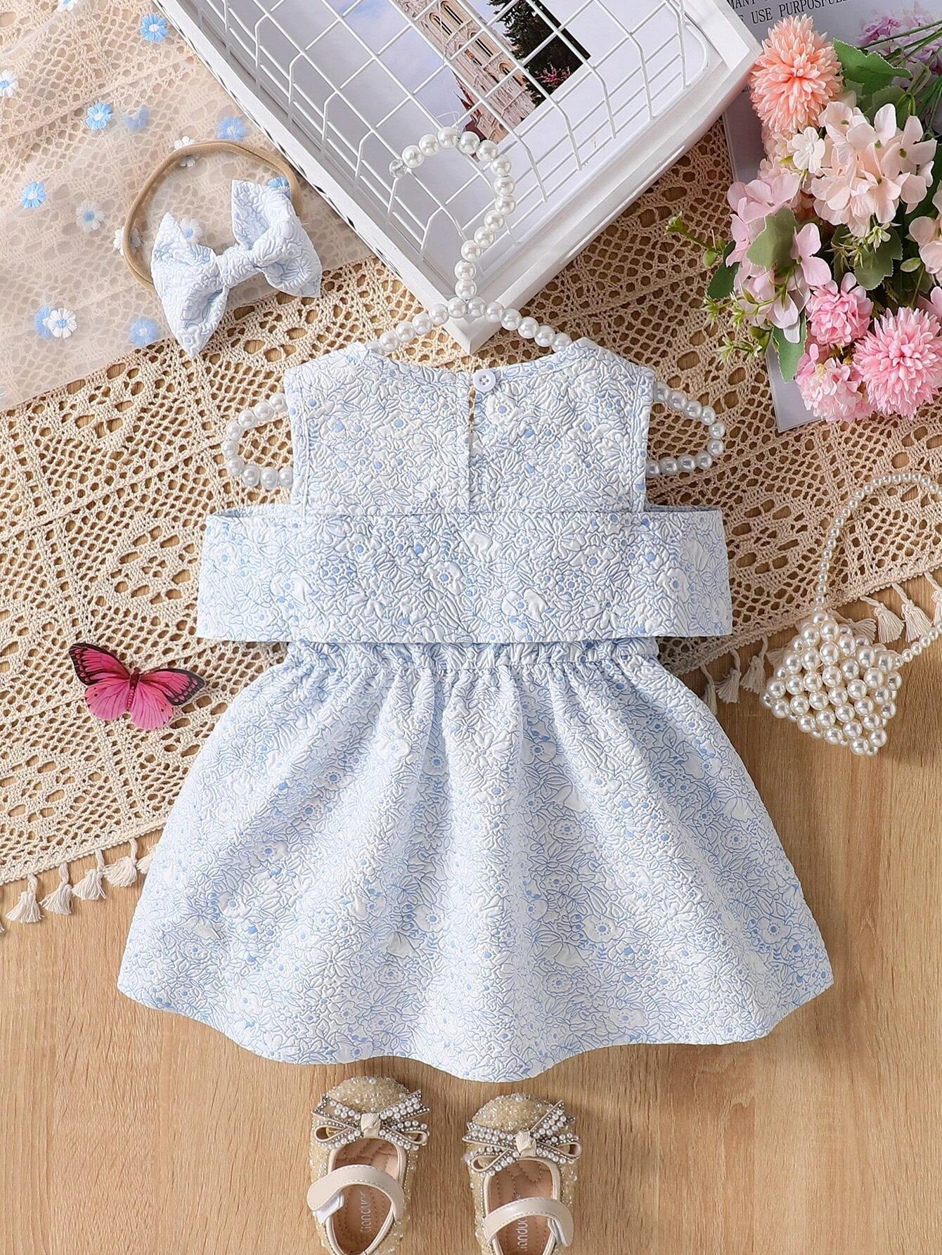 Baby Girls' Simple Jacquard 3D Puff Cold-Shoulder Dress