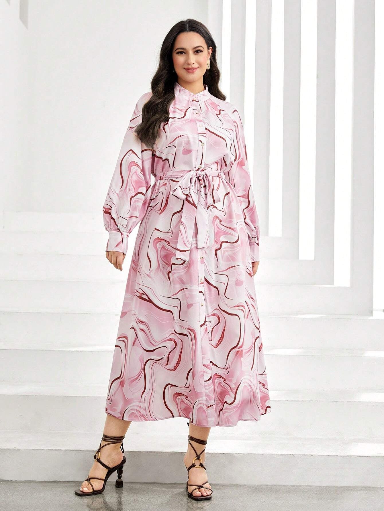 Mulvari plus Allover Print Belted Shirt Dress