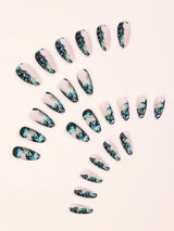 Galaxy Gradient Sparkling Powder Medium Almond Shape False Nails Set(24Pcs)+1Pc Jelly Glue+1Pc Nail File