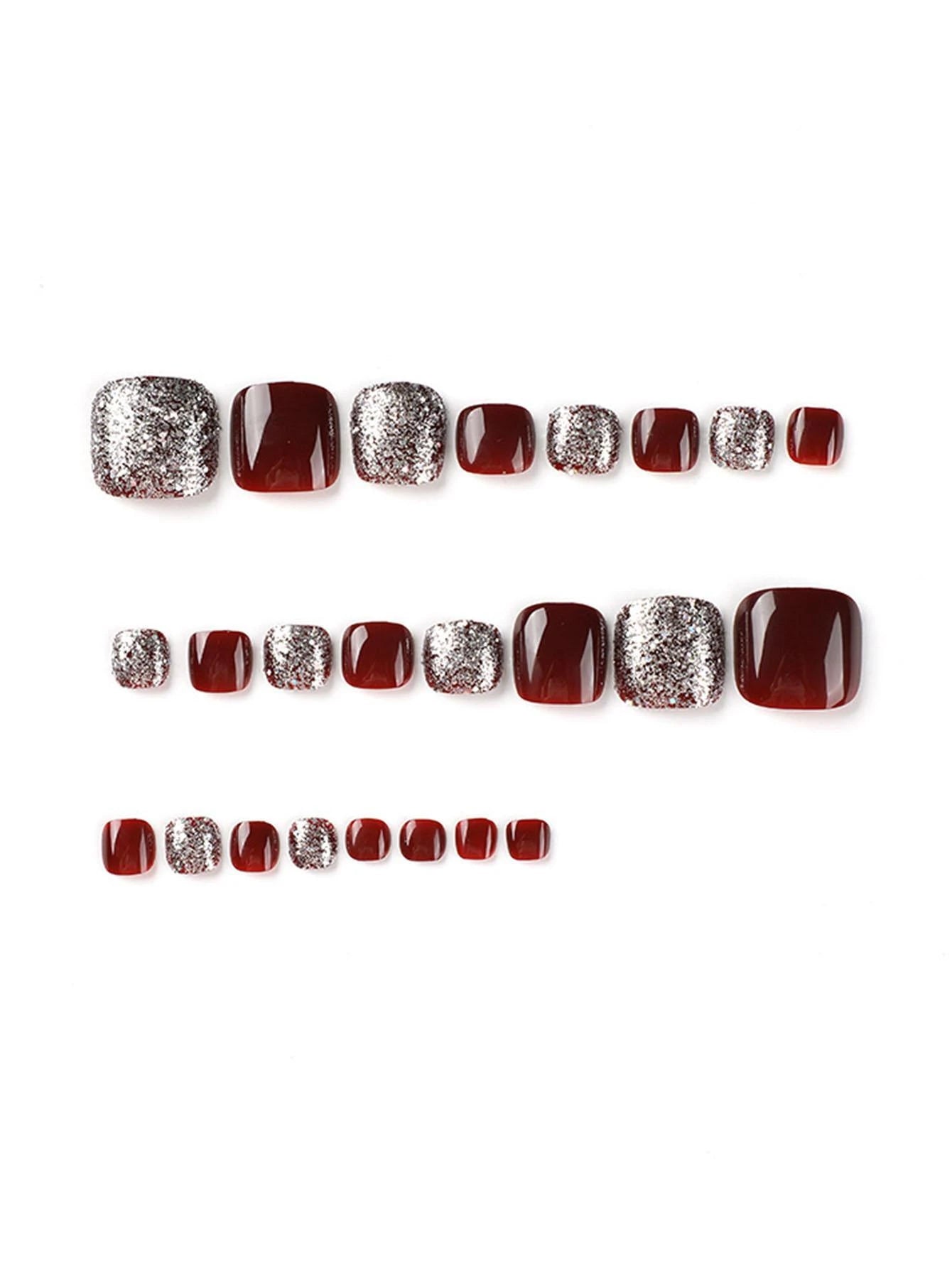 Upgrade Your Look with 24Pcs Short Square Timeless Burgundy Glittered Press-On Pedicure Gel Nails Full Cover Fake Toenail Kit