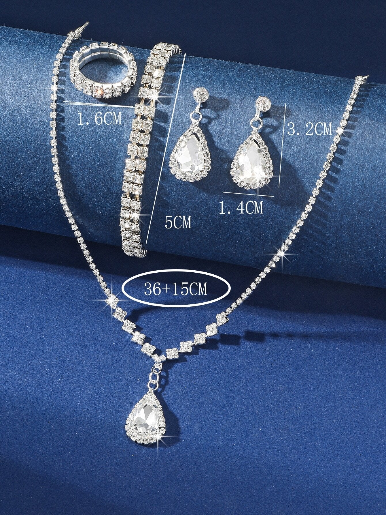 1Set Fashionable Bridal Jewelry Set with Necklace, Bracelet, Earrings and Ring, Full Rhinestone Prong Setting, Water Drop Shaped Pendant, Perfect for Parties