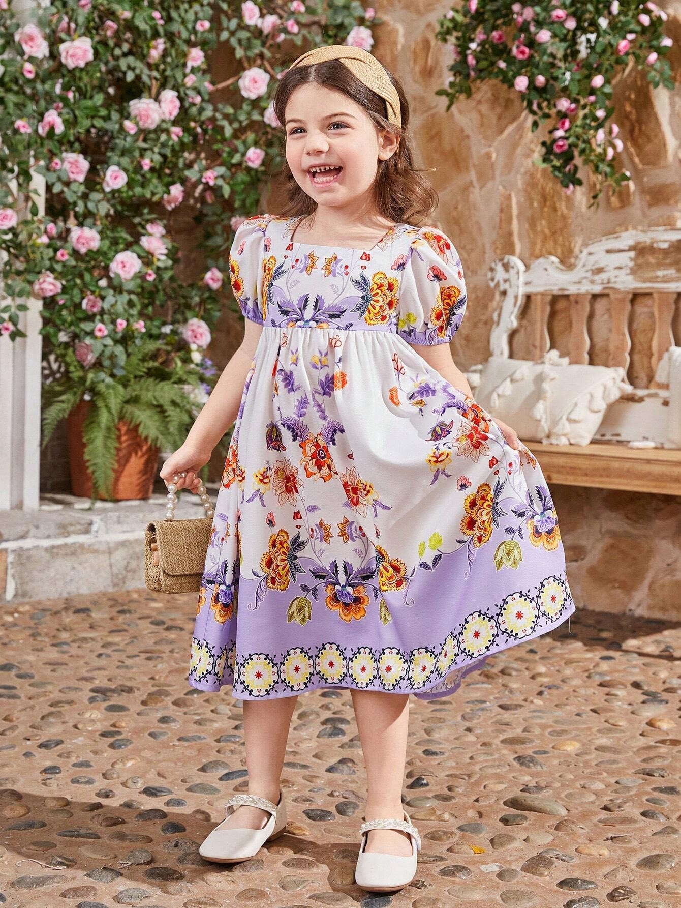 Young Girls' Square Neck Puff Sleeve Floral Dress, Mommy and Me Matching Outfits (2 Pieces Sold Separately)