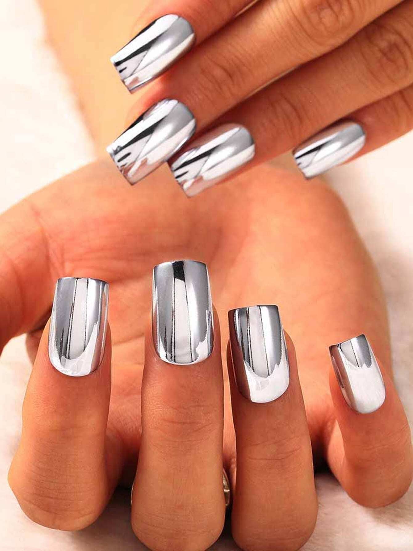 24Pcs Short Square Press on Nails - Cool Metallic Chrome Champagne False Nails | Punk Metal Chrome Finish Short Reusable Fake Nails in 12 Sizes - Nail Kits as Gift for Women and Girls & 1Sheet Tape & 1Pc Nail File