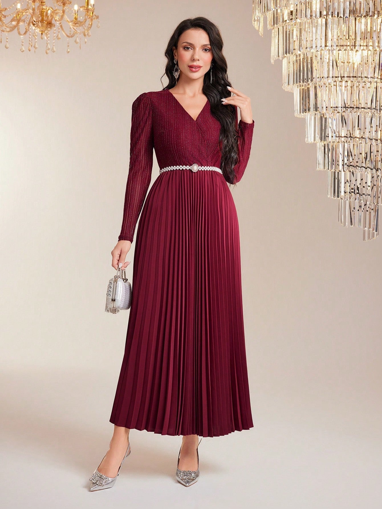 Modely Surplice Neck Pleated Hem Dress with Belt