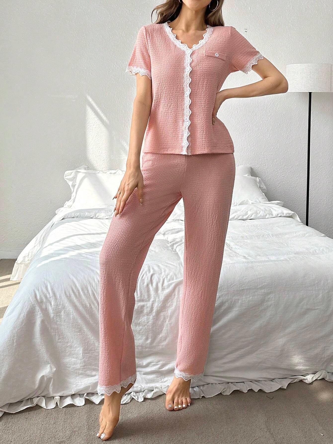 Contrast Lace Trim Button-Front Short Sleeve Top with Pants Pajama Set