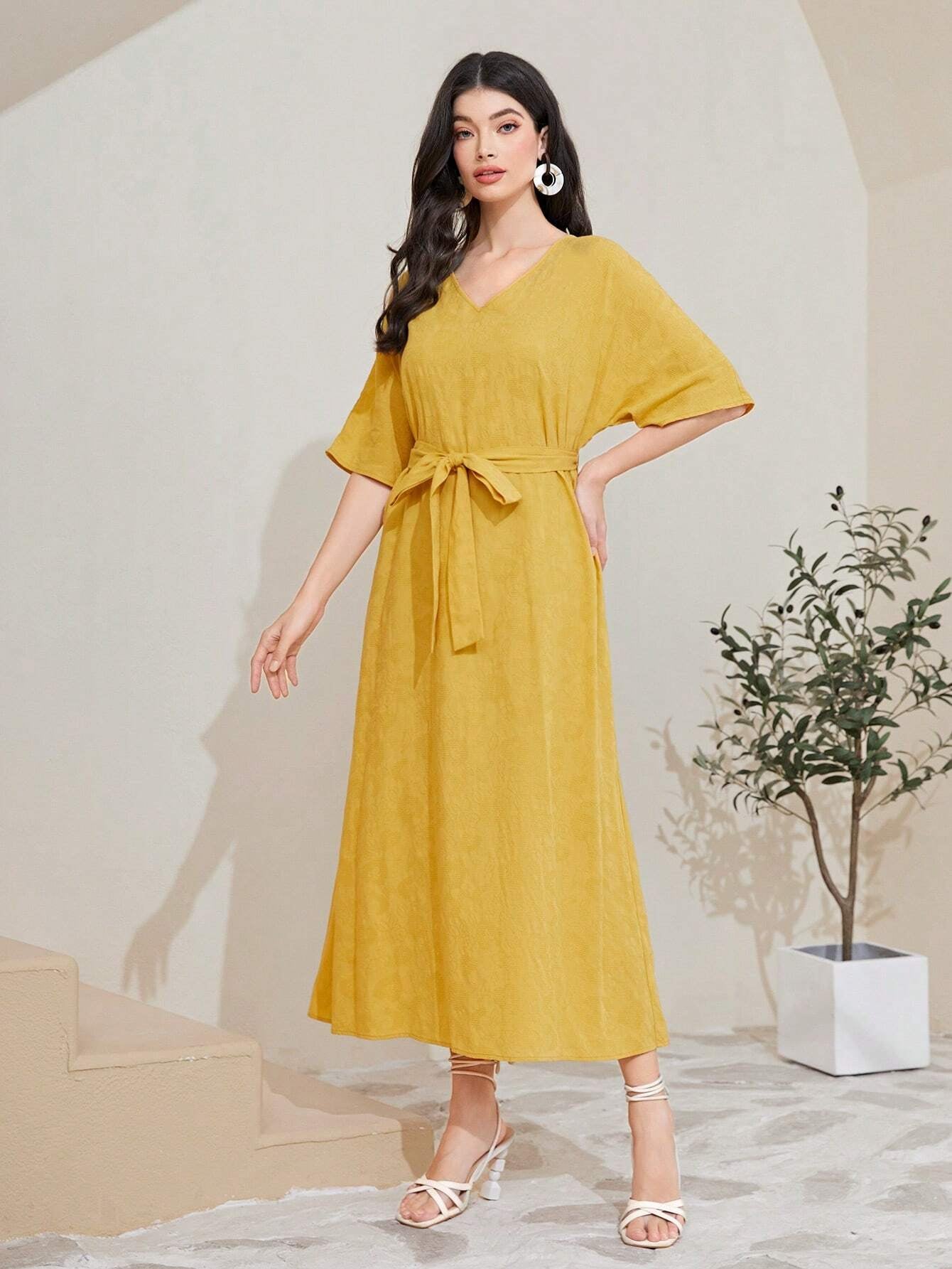Mulvari Cotton Solid Belted A-Line Dress