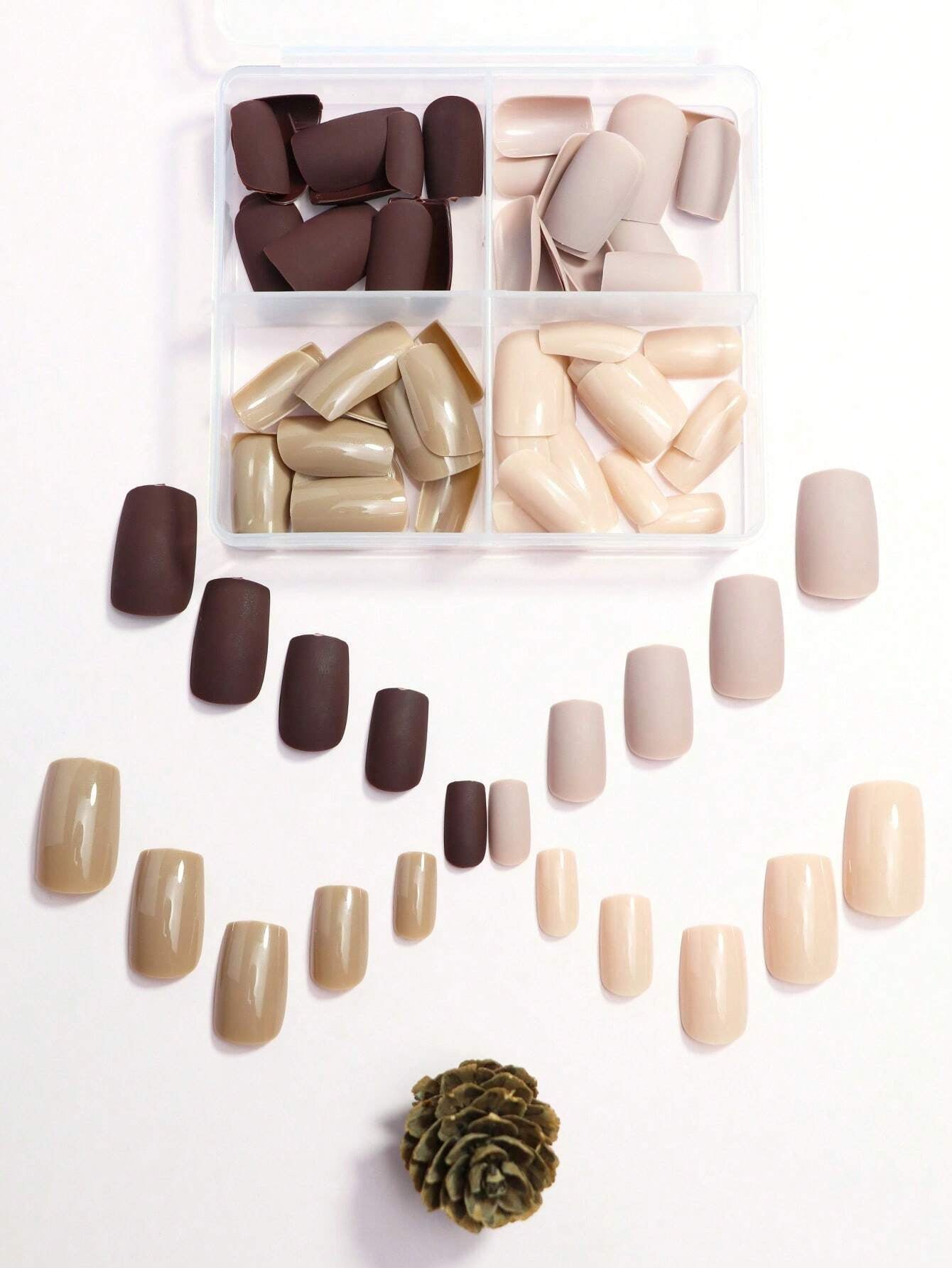 96Pcs (Matte Dark Brown/Matte Nude/Shiny Nude/Shiny Light Nude) DIY Colors Combined Gradient Design Natural Looking Press on Nails Short Fake Nails Square Nails Set with Storage Box as Gift for Women and Girls