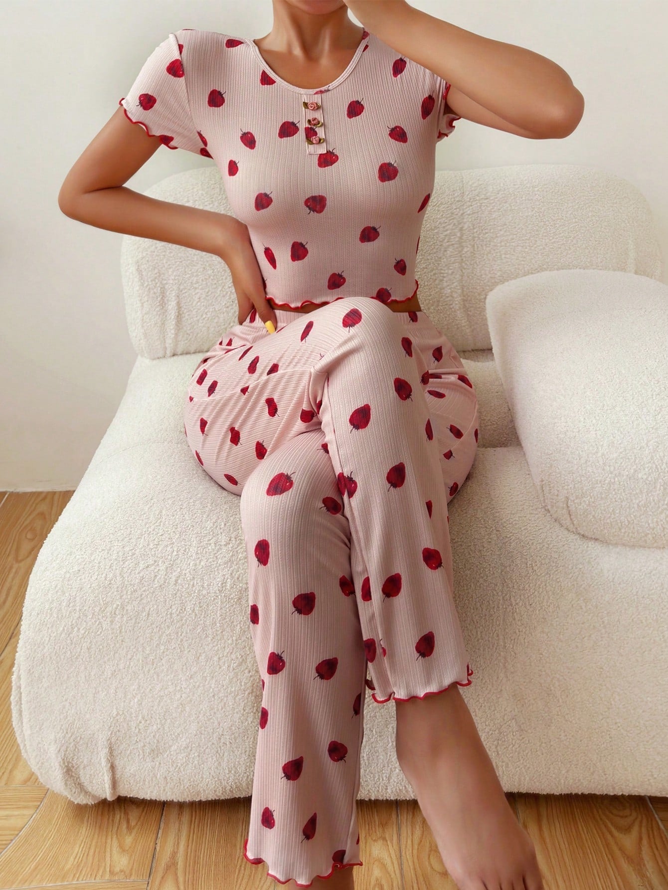 Strawberry Print Lettuce Trim PJ Set