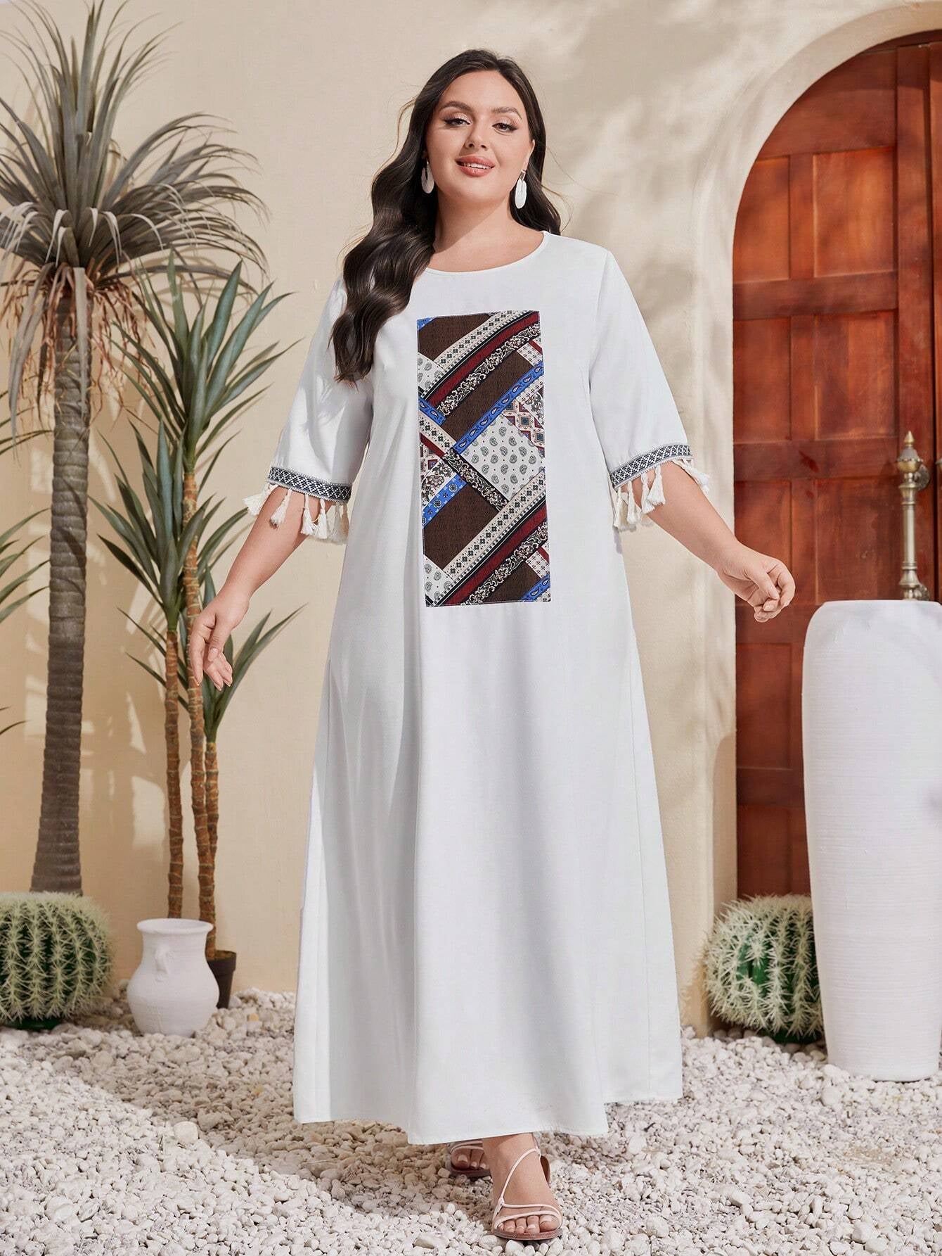 Mulvari plus Size Patchwork Printed Fringe Decorated Dress