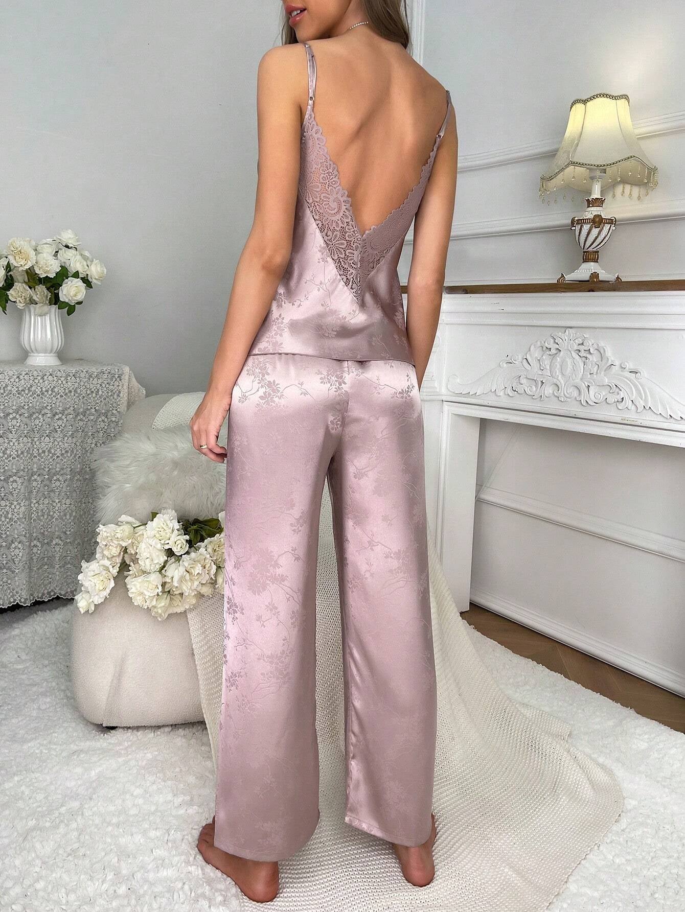 Floral Jacquard Contrast Lace Satin PJ Set