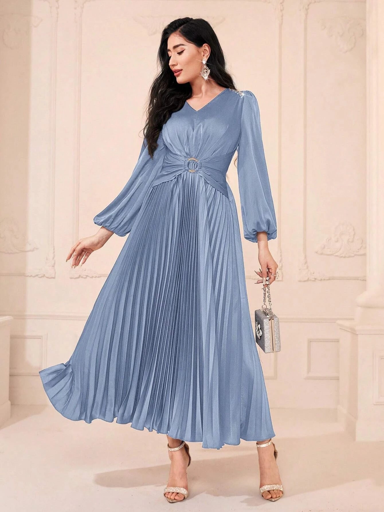 Modely Lantern Sleeve Pleated Hem Dress
