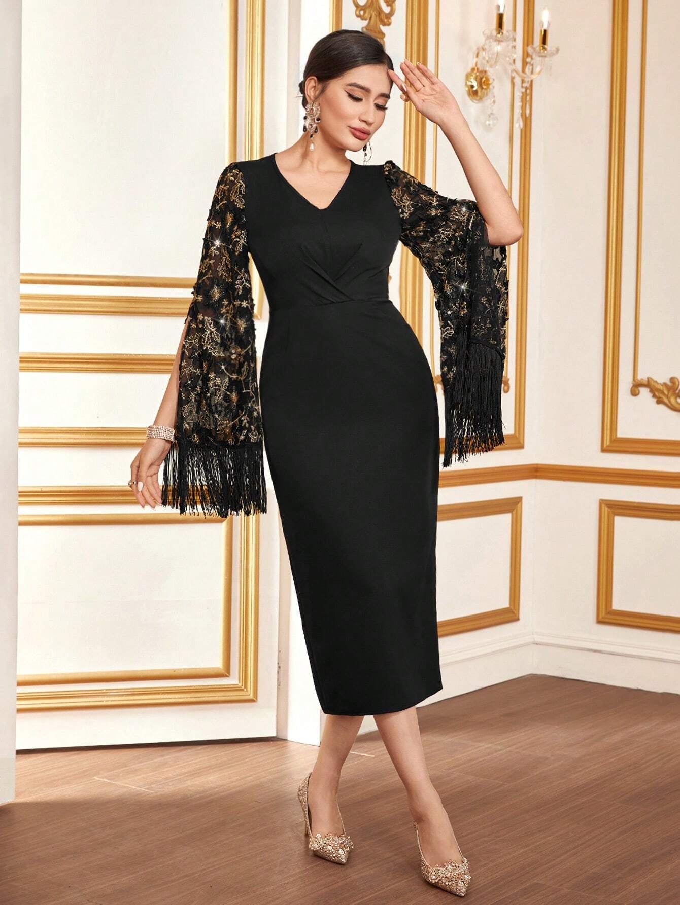 Modely Fringe Trim Floral Embroidered Split Sleeve Bodycon Dress