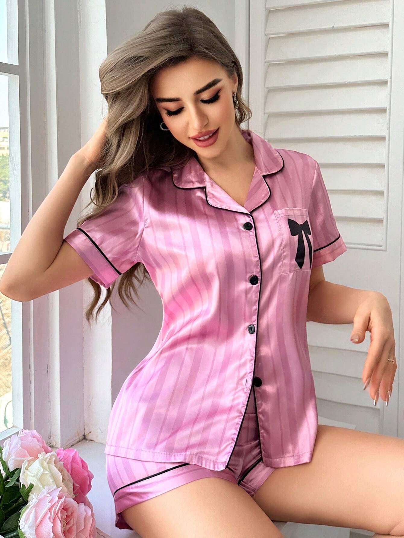 Bow Print Pocket Pink Striped Satin Pajama Set