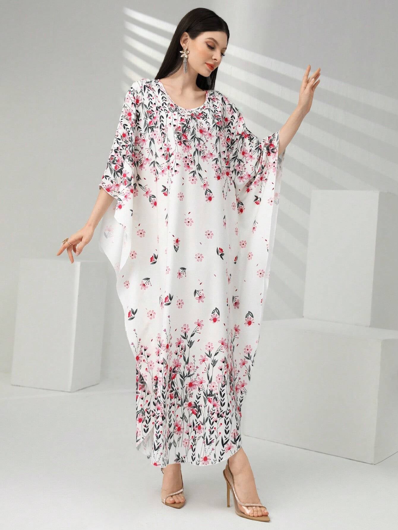 Najma Women'S Floral Print Batwing Sleeve Turkish Long Shirt