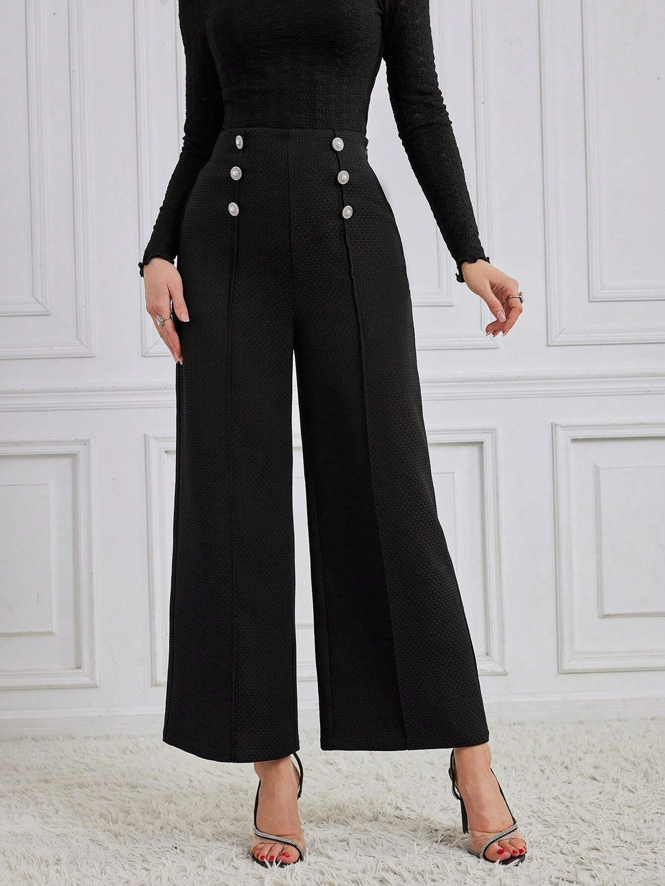 Modely Women'S Loose Fit Wide Leg Pants with Button Detail