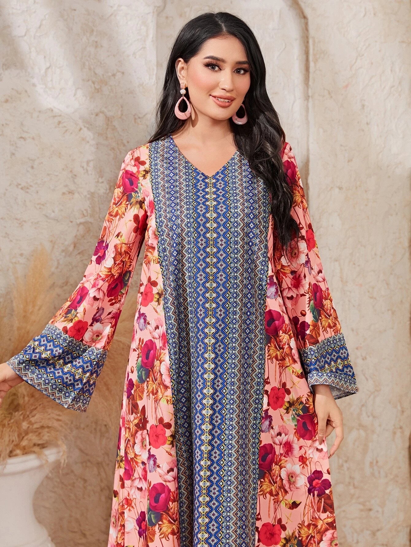 Najma Floral Print V Neck Flounce Sleeve Dress