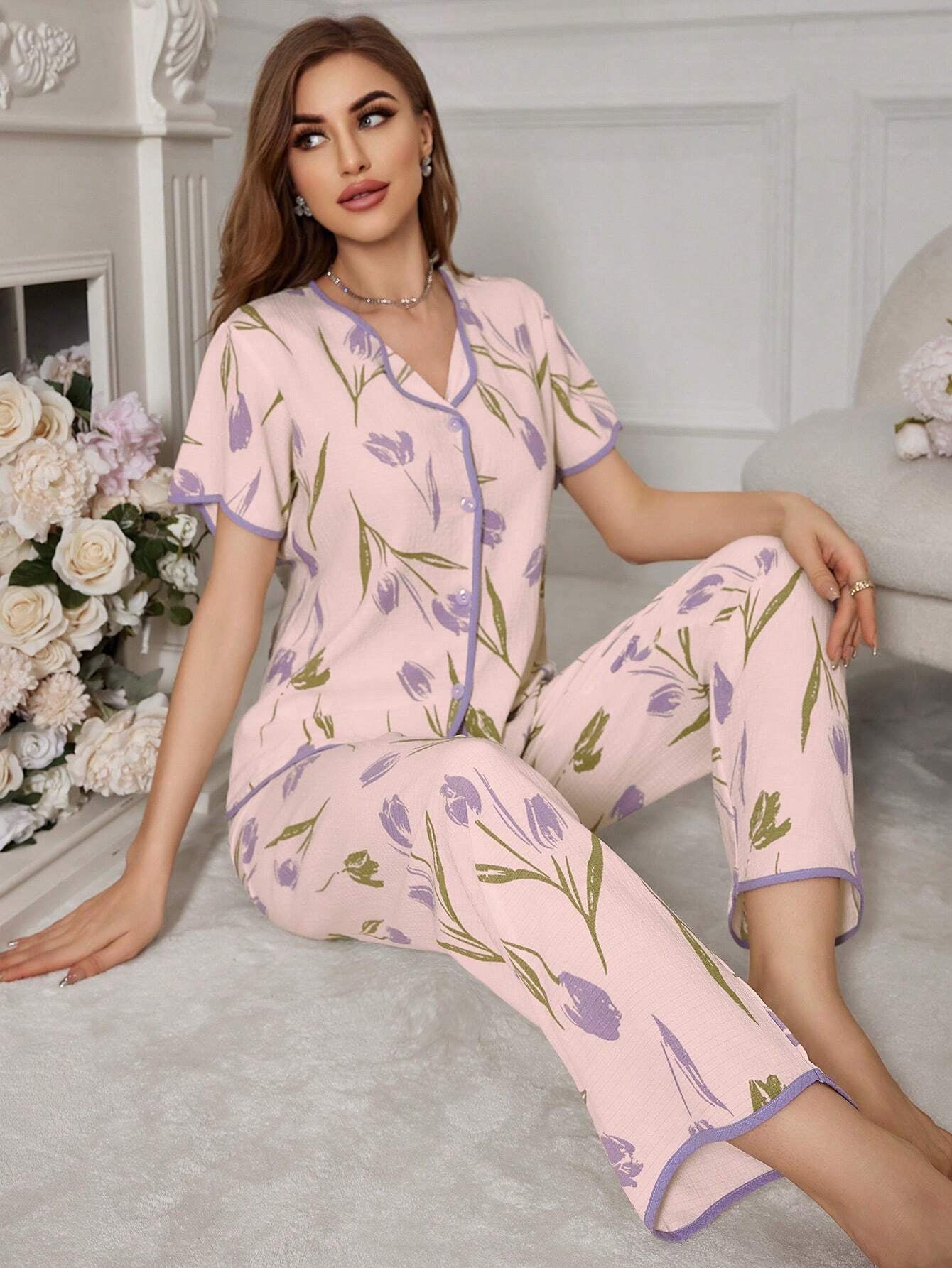 Floral Print Contrast-Edge Short Sleeve and Long Pants Pajama Set