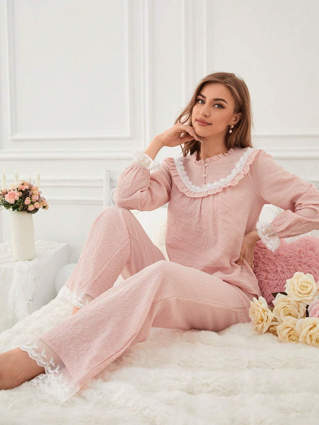 Ladies' Lace Patchwork Pajama Set with Frill Edge Design Long-Sleeved Top and Pants