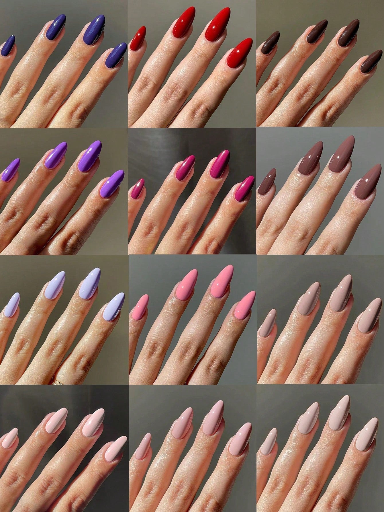 288Pcs(Mixed 12Colors) Long Almond Press on Nails Acrylic Medium Fake Nails Full Cover Solid Colors French Designs Shiny Glue on Nails False Nail as Gifts for Women and Girls with Storage Box