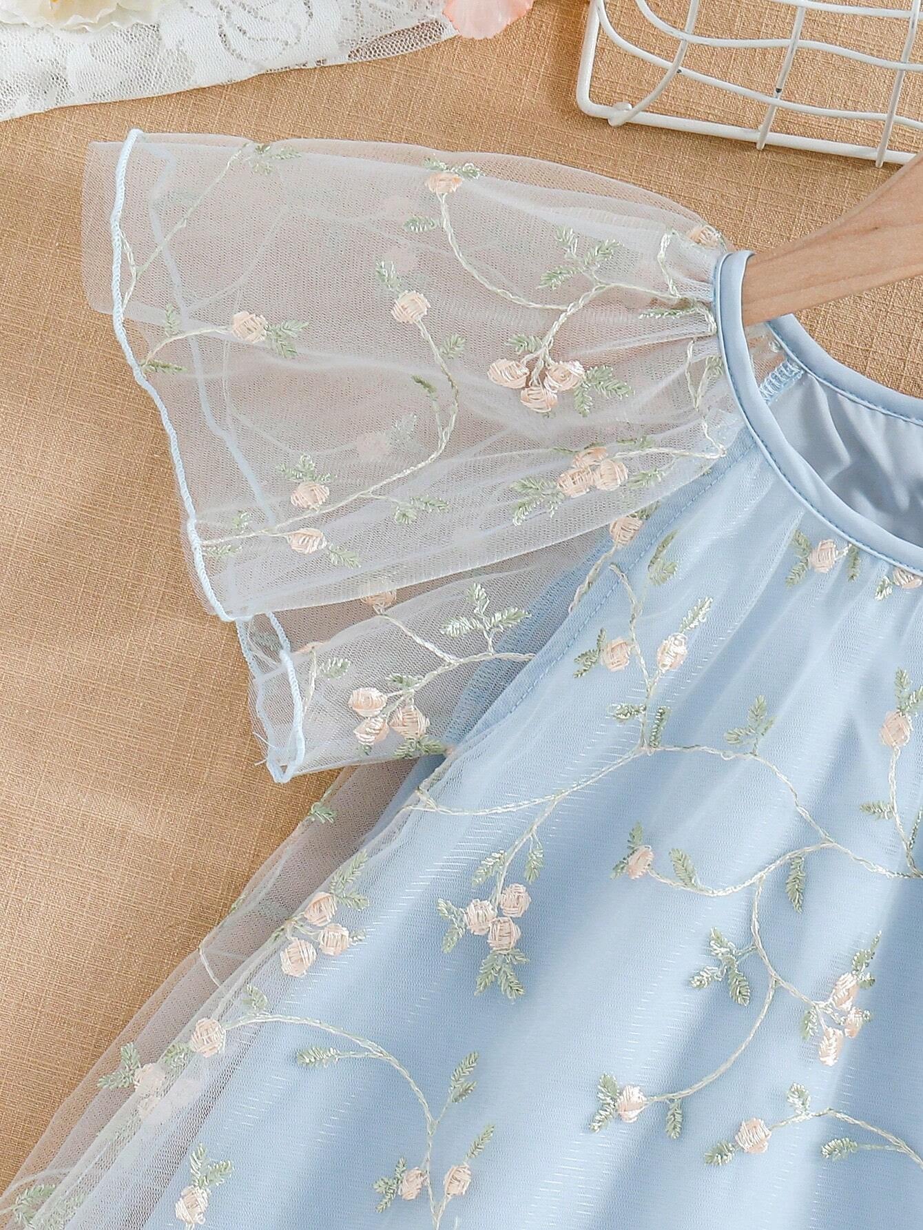 Young Girls' Mesh Embroidery Dress with Ruffle Hem