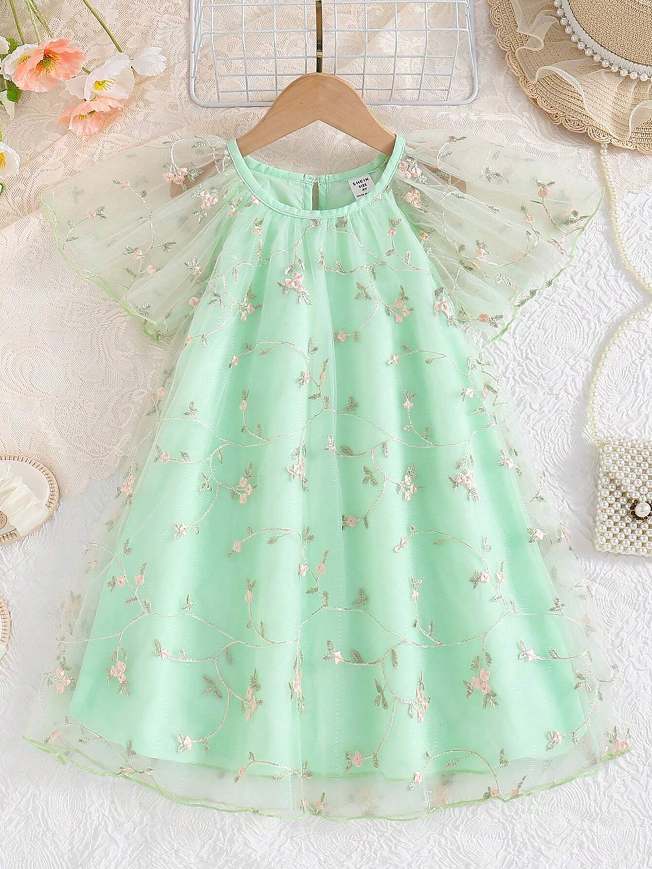 Young Girls' Mesh Embroidery Dress with Ruffle Hem