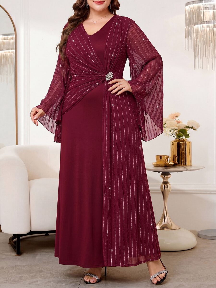 SHEIN Reflora فستان عنابي للمقاسات الكبيرة بأكمام جرس مزين بالراينستون