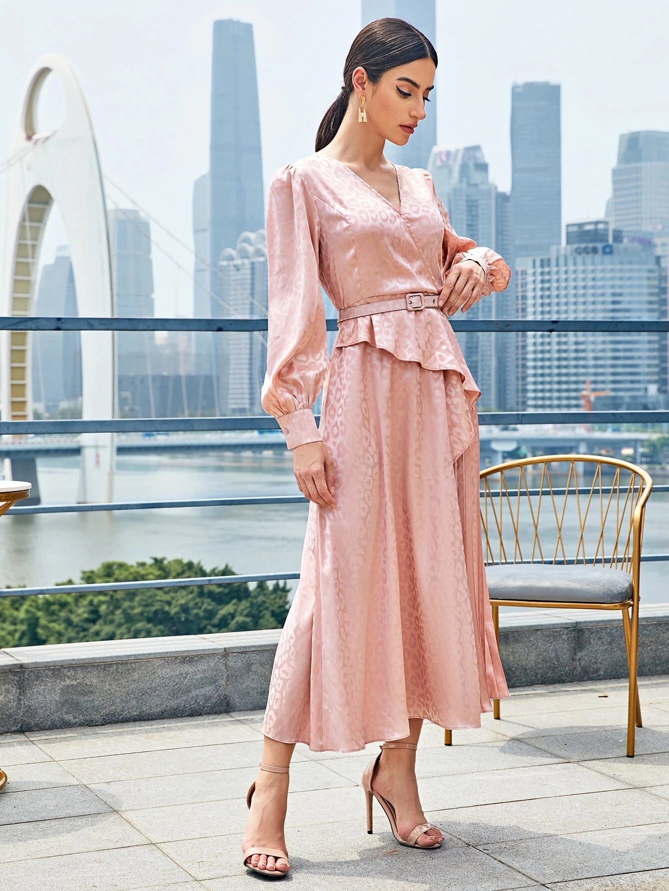Modely Lantern Sleeve Pleated Hem Leopard Jacquard Satin Belted Dress
