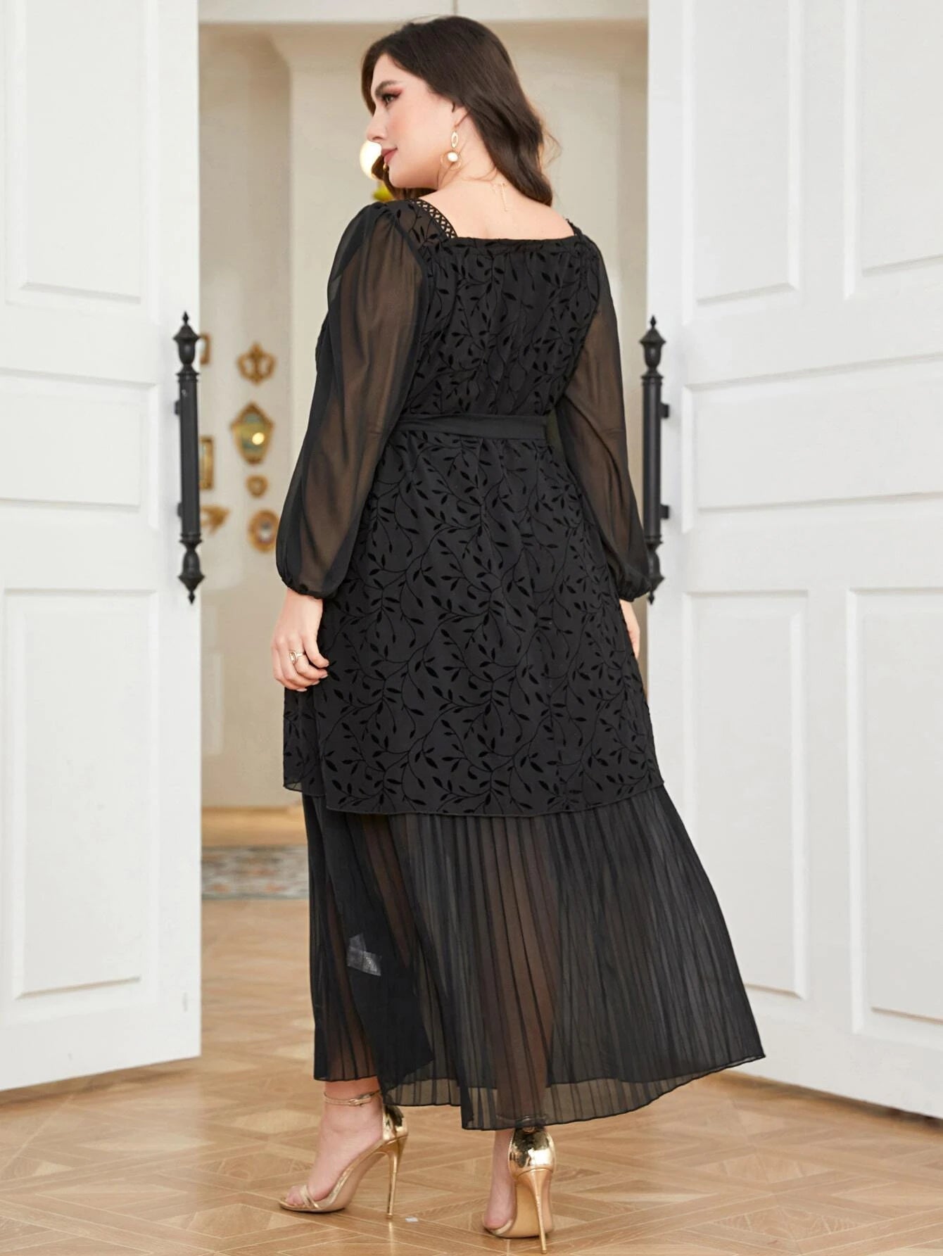 Mulvari plus Contrast Mesh Pleated Hem Belted Dress