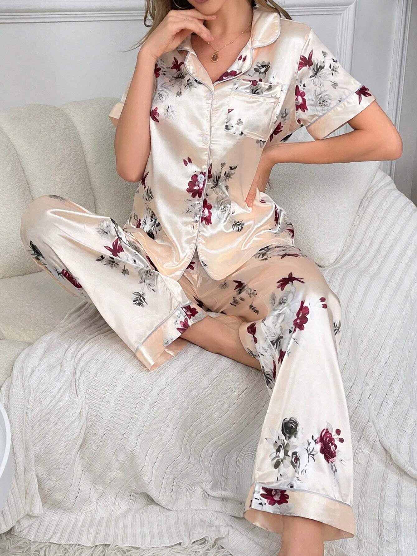 Floral Colorblock Button-Front Sleepwear Set
