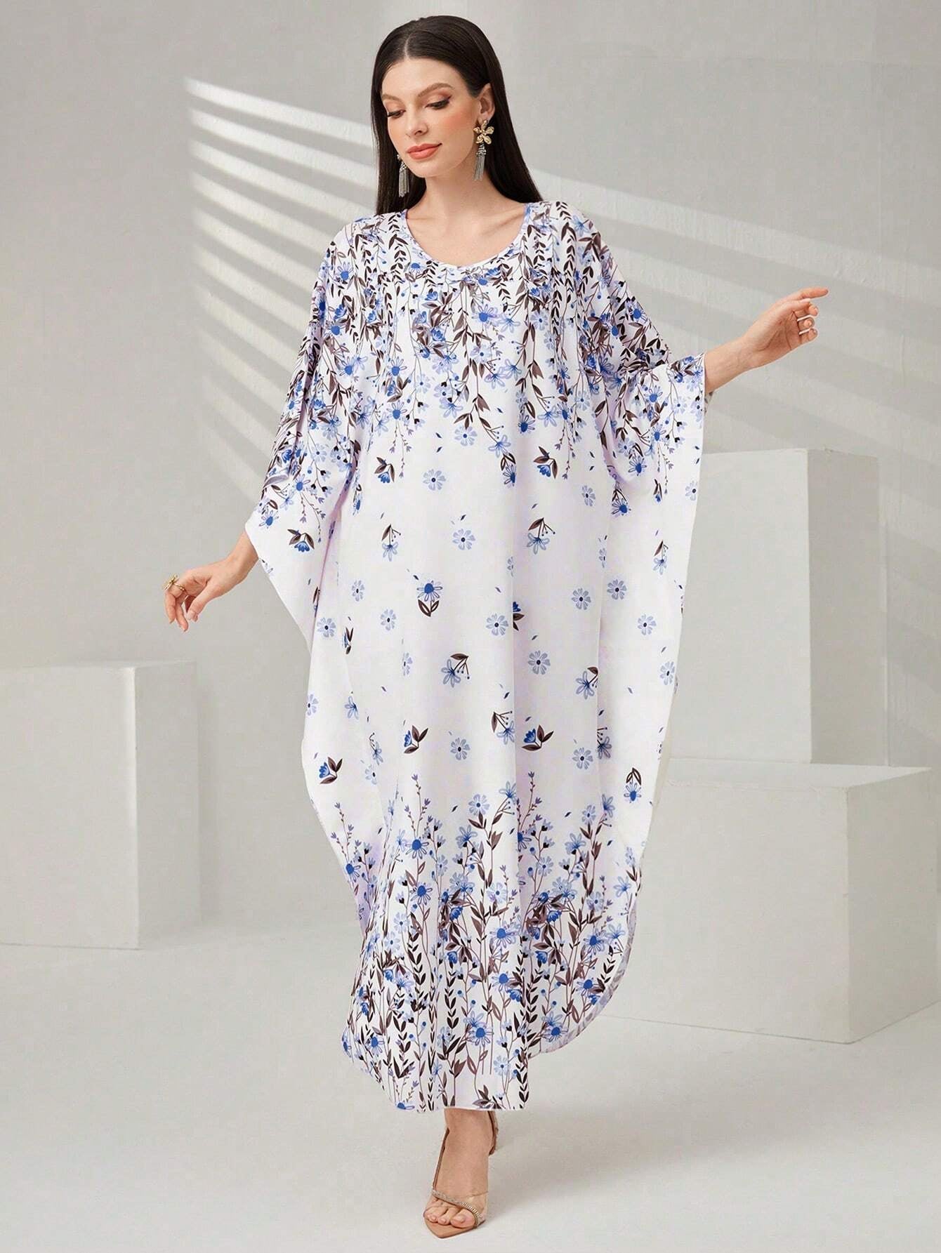 Najma Women'S Floral Print Batwing Sleeve Turkish Long Shirt