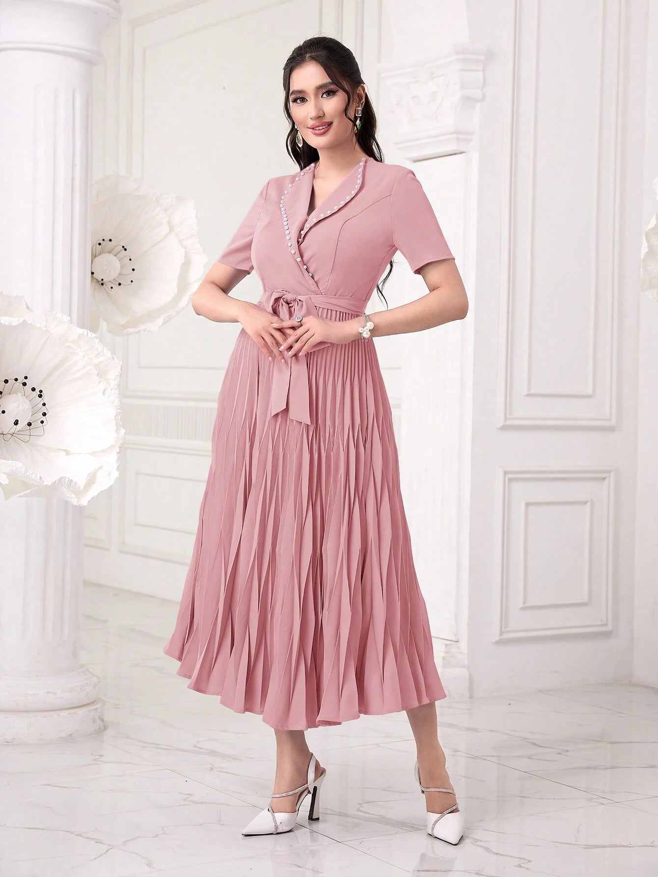 Modely Pearls Beaded Detail Belted Pleated Hem Dress