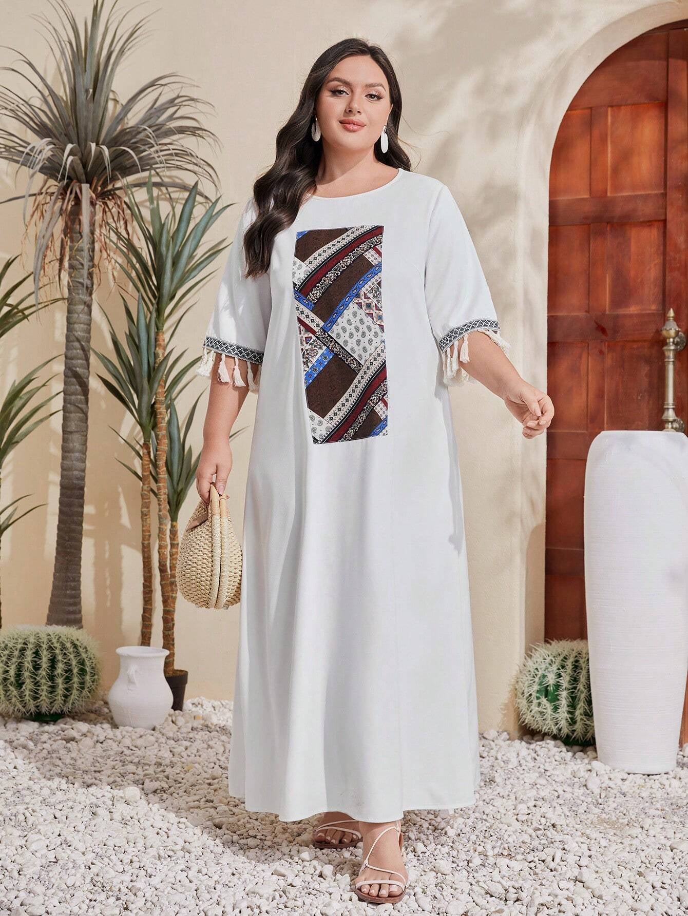 Mulvari plus Size Patchwork Printed Fringe Decorated Dress
