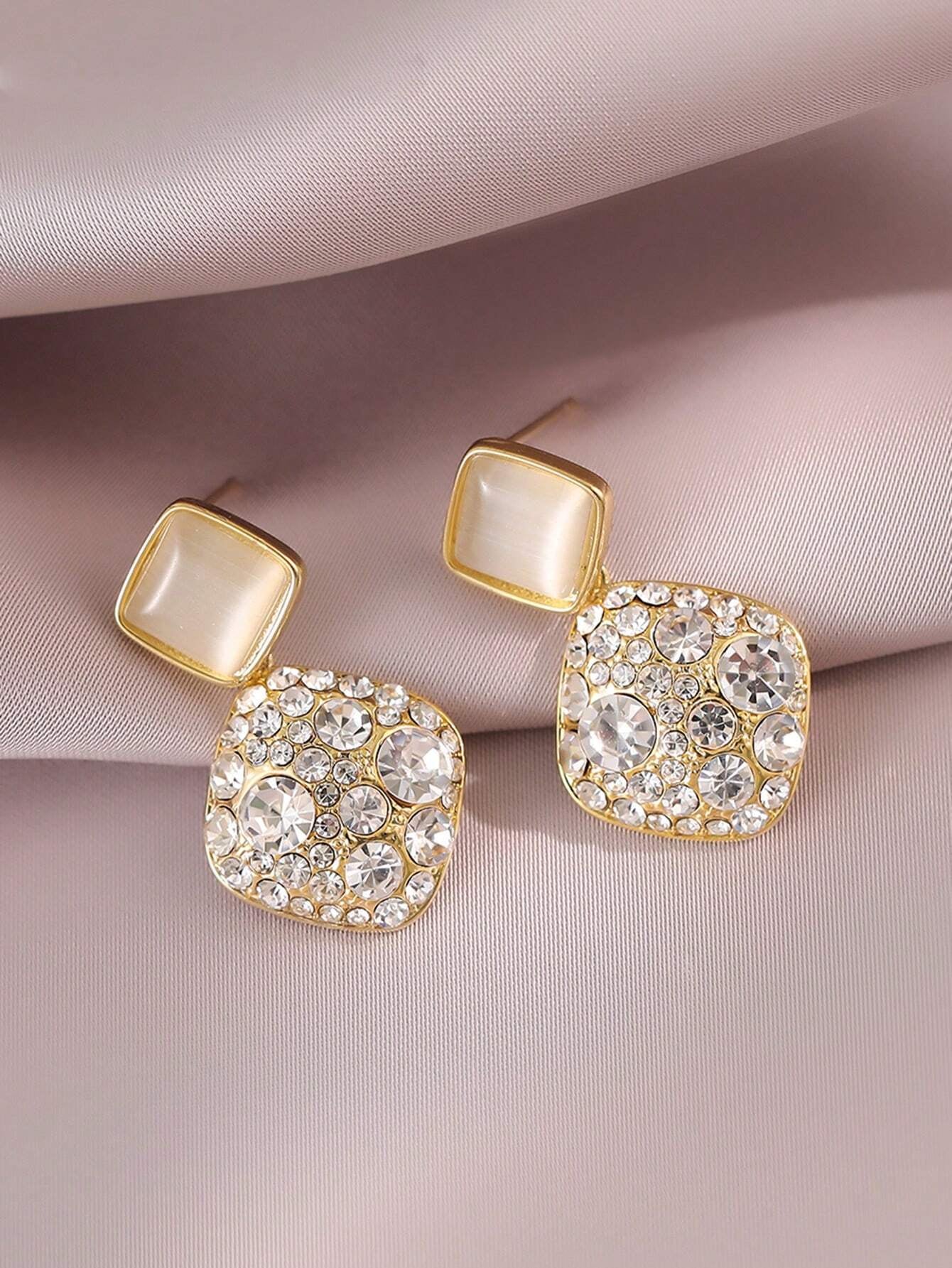Rhinestone Decor Geometric Drop Earrings