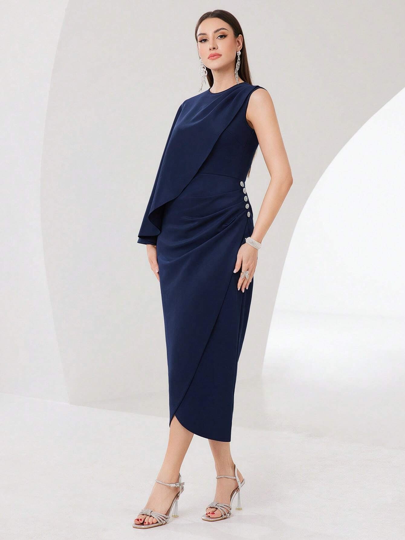 Modely Women'S One Shoulder Cross Design Dress with Asymmetrical Hem