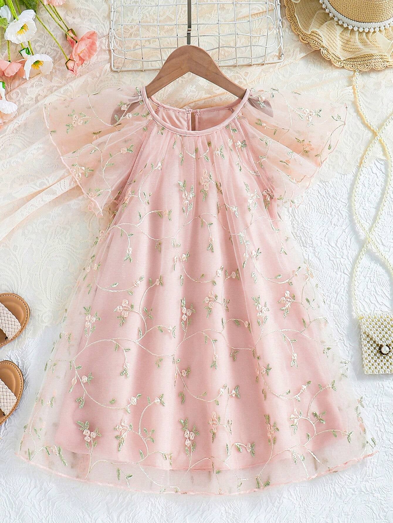 Young Girls' Mesh Embroidery Dress with Ruffle Hem