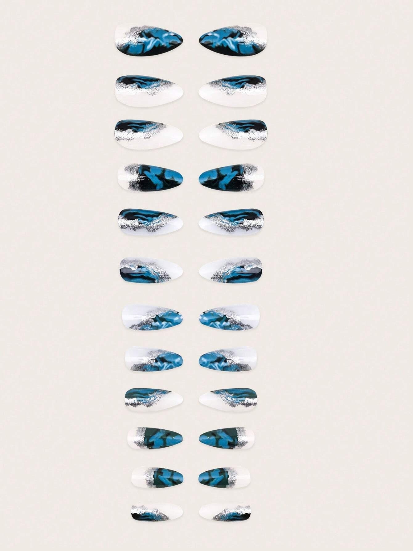 24Pcs/Box Galaxy Blue Starry Sky Almond Nail Tips with Ombre Effect + 1Pc Jelly Glue + 1Pc Nail File