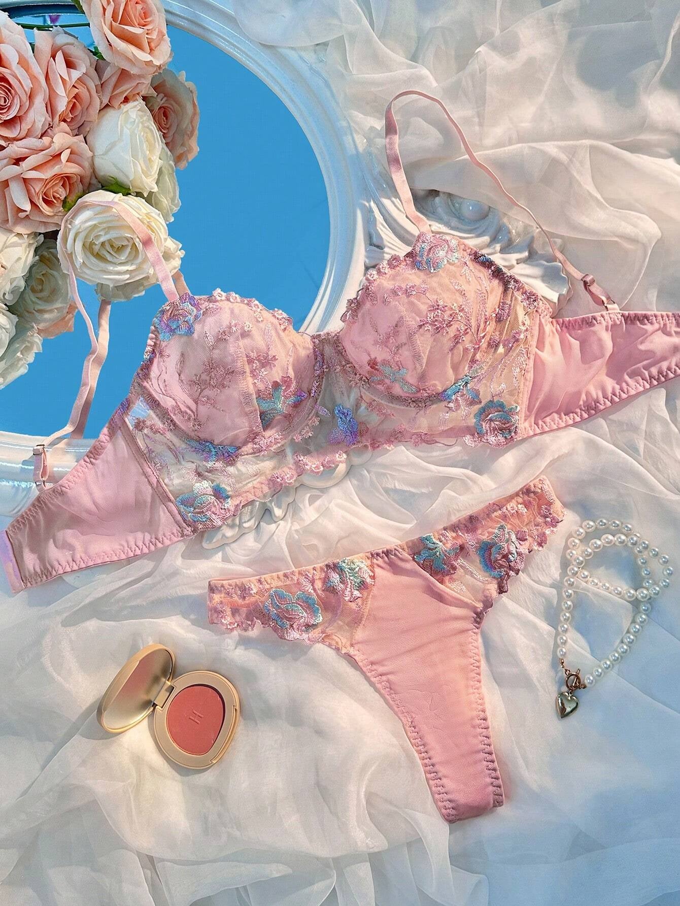 2Pcs/Set Pink Embroidered Romantic Women'S Bra & Panty Lingerie Set