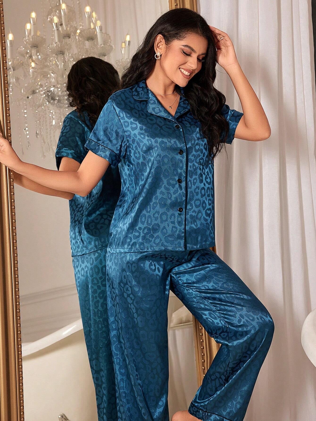 Color Block Leopard Print Jacquard Satin Pyjama Set with Rolled Hem