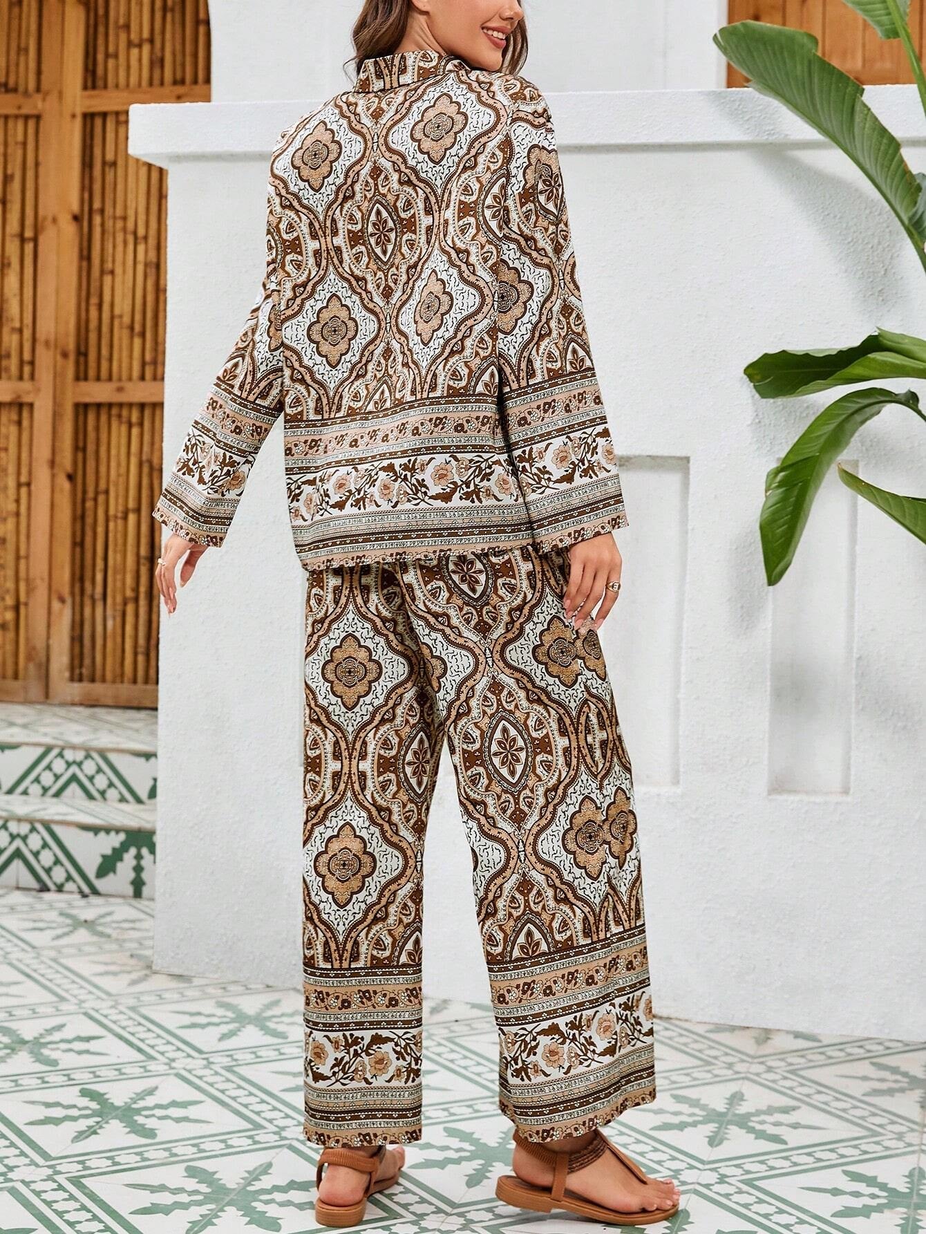 Mulvari Ladies' Floral Printed Long Sleeve Shirt and Pants Set
