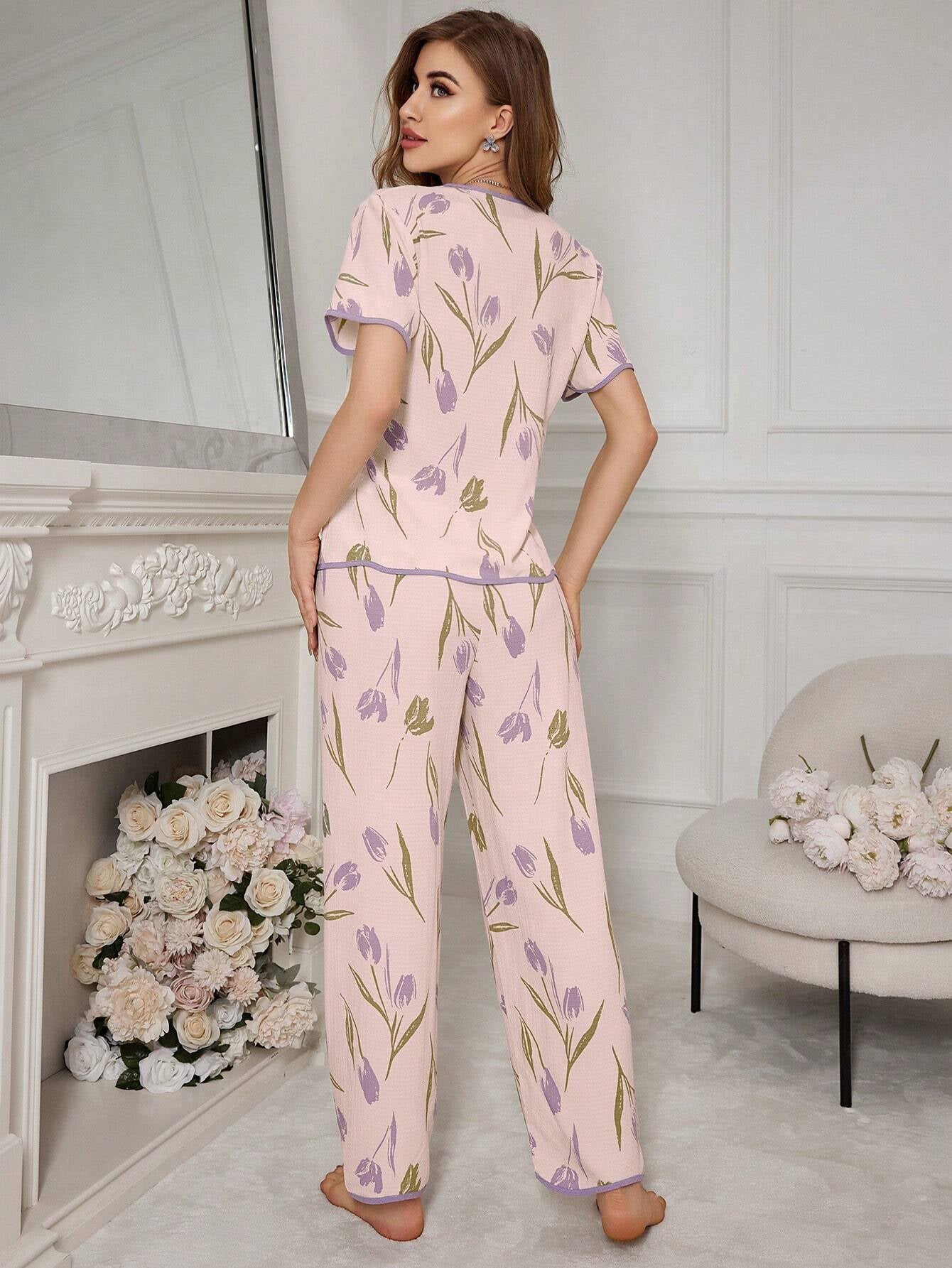 Floral Print Contrast-Edge Short Sleeve and Long Pants Pajama Set