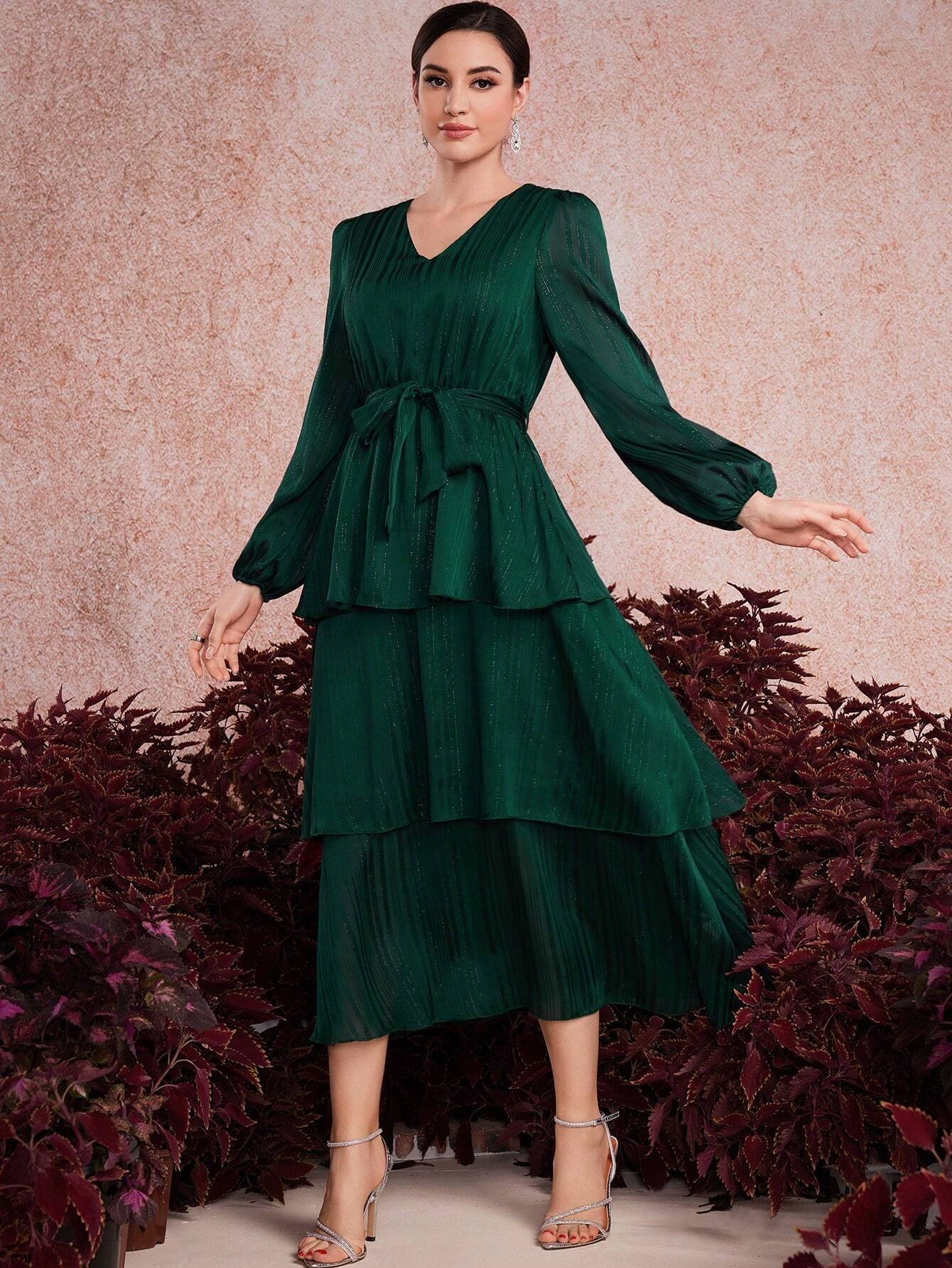 Modely Ladies' Solid Color V-Neck Lantern Sleeve Dress