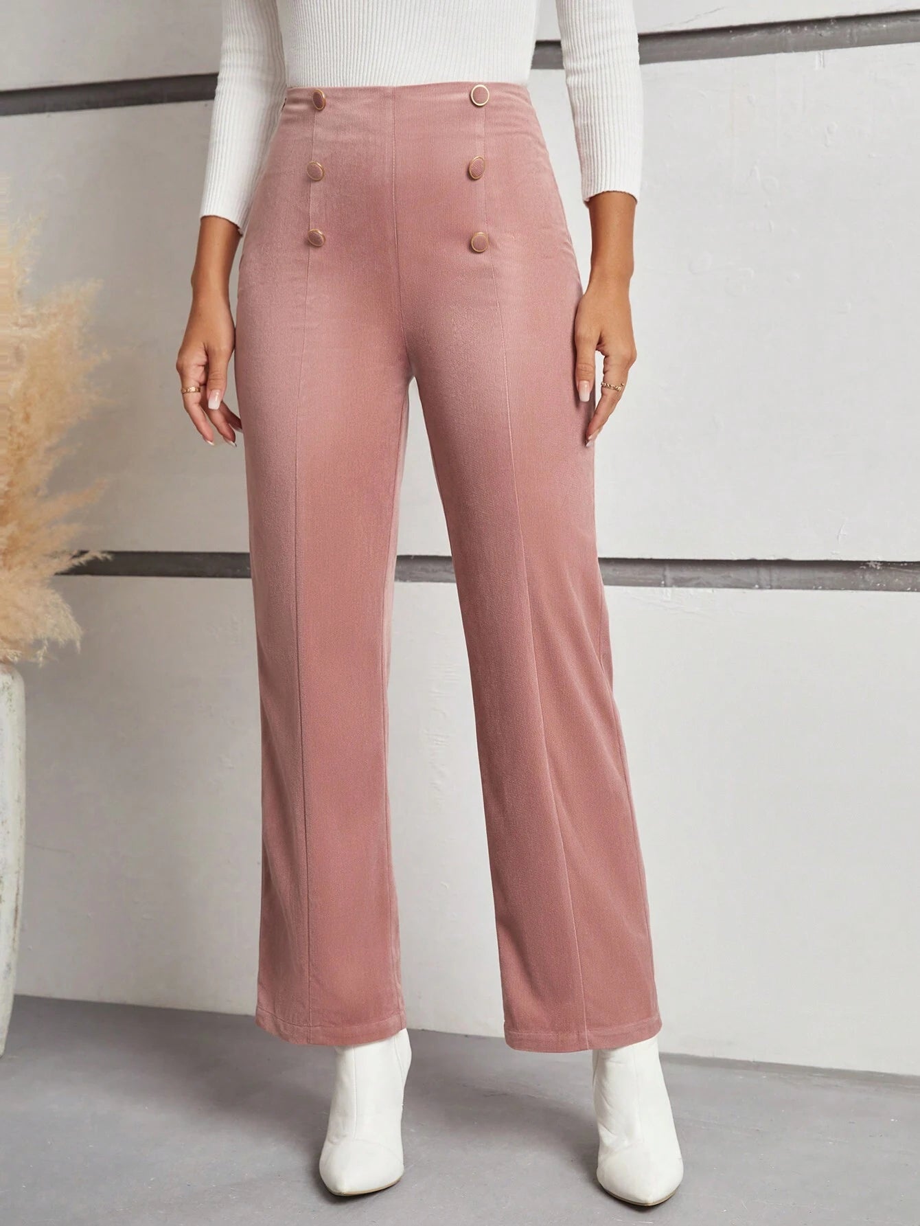 Frenchy High-Waisted Straight Leg Pants with Double Breasted Decoration