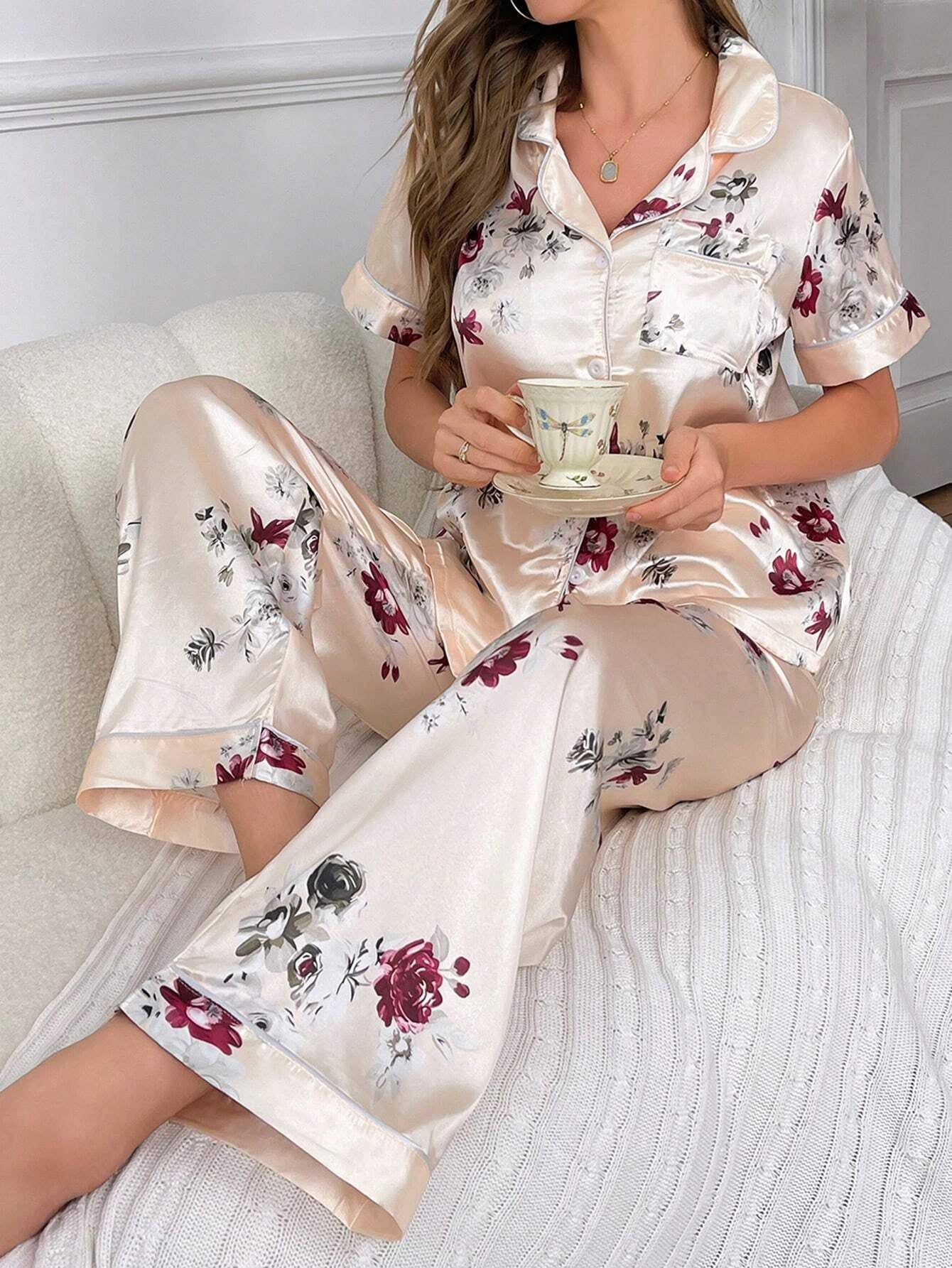 Floral Colorblock Button-Front Sleepwear Set