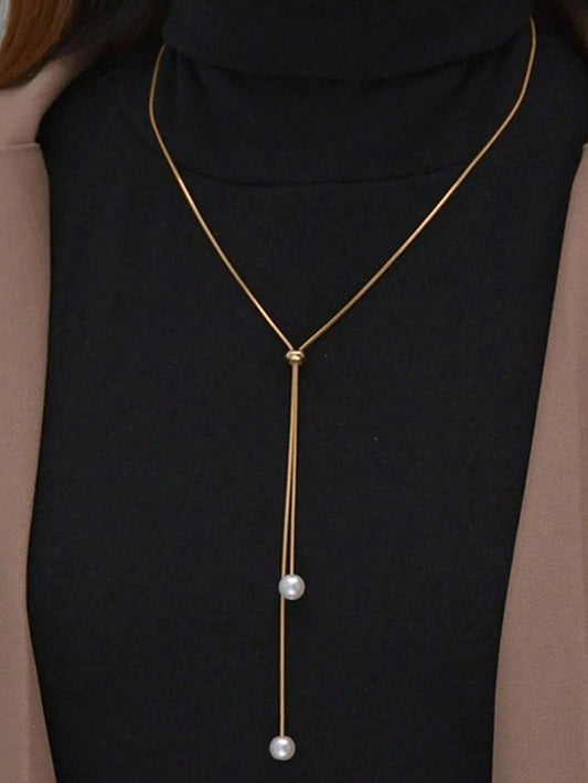 1Pc Fashionable and Versatile Adjustable Pull-Cord Long Faux Pearl Necklace for Women