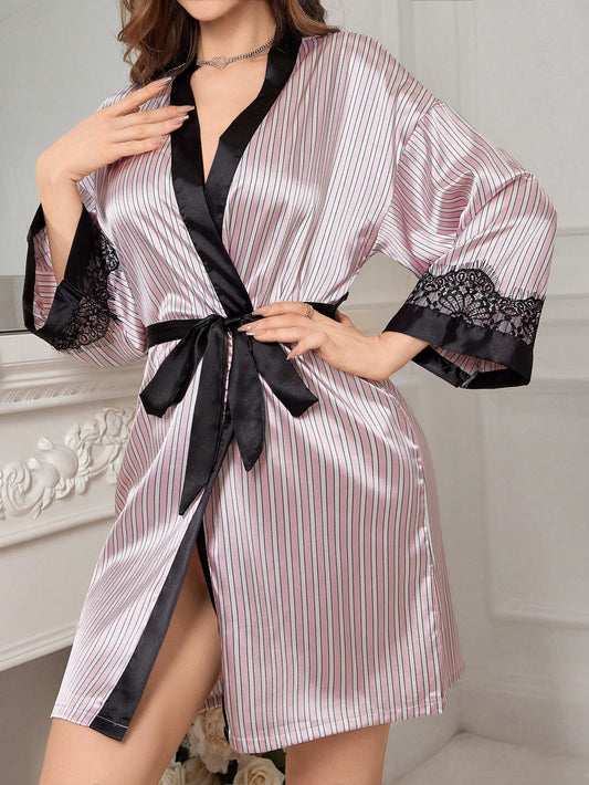 Women'S Striped and Printed Contrast Color Sleepwear with Lace Trim and Waist Belt