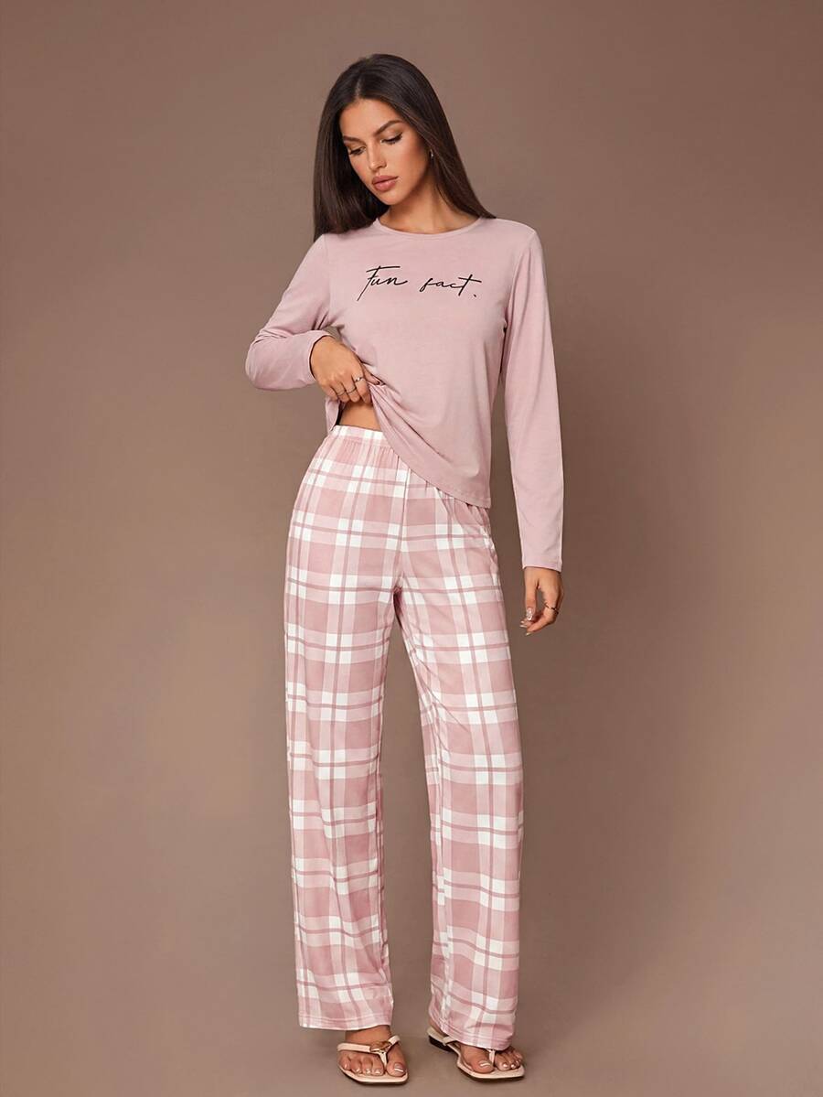 SHEIN Lazeform طقم بيجامة بلوزة بأكمام طويلة وطبعة حروف وبنطلون مربعات
