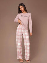SHEIN Lazeform طقم بيجامة بلوزة بأكمام طويلة وطبعة حروف وبنطلون مربعات