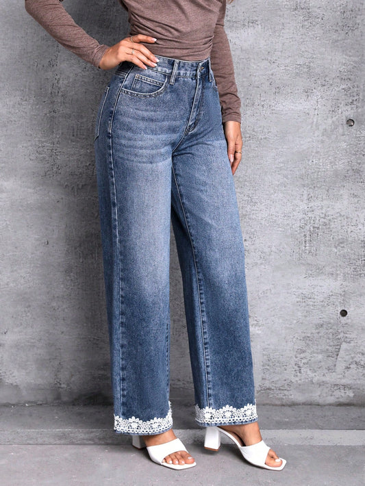 LUNE Slant Pocket Contrast Lace Hem Wide Leg Jeans