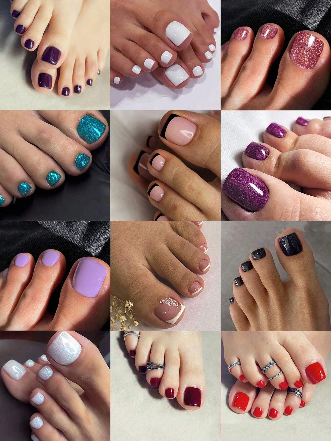 96Pcs(Black French/White French/Flower/French) Short Square Press on Toenails Designed Press on Toenails Full Cover, 4 Glossy False Toenails for Feet, French Design Fake Toenails for Summer Nail Art Set for Women and Girls with Re-Usable Storage Box